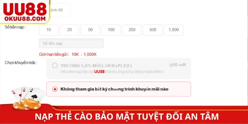 Nạp tiền UU88 bằng thẻ cào bảo mật tuyệt đối an tâm